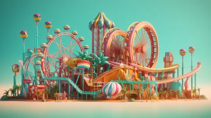 Poster Amusementspark Amusement park in the city. 3d render illustration. generative ai