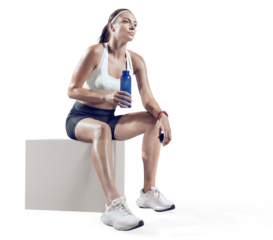 Sports transparent background. Fit woman relaxes and drinking water on seaside promenade after Workout training. 