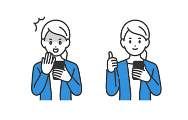 スマホを見てショック･グッドのポーズをするビジネスパーソン女性のセット【人物ベクターイラスト素材】