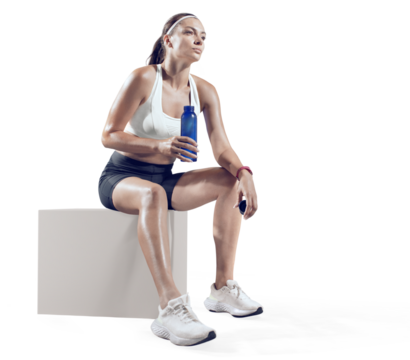 Sports transparent background. Fit woman relaxes and drinking water on seaside promenade after Workout training. - Powered by Adobe