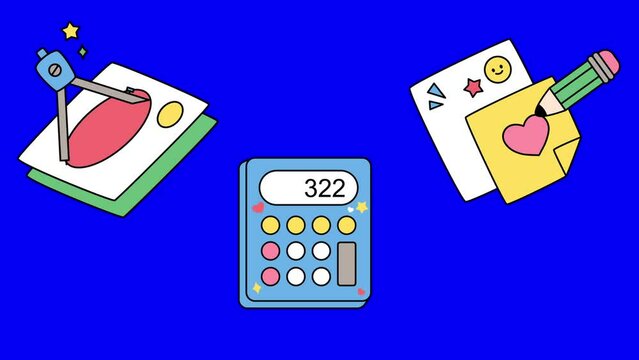 Cute educational objects school supplies. Compass, calculator, notepad. 2D animation HD video clip on blue screen.