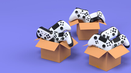 Set of gamer joysticks or gamepads in cardboard box on violet background