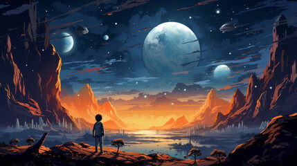 vector art of Children's illustration space, space landscape. wide angle lens realistic lighting ,generative ai - obrazy, fototapety, plakaty