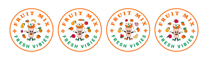 Set of stickers characters of mix fruit drink. Isolated vector labels of mascots in groovy comic style on transparent background