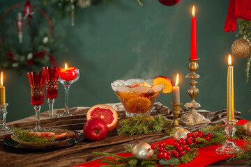 hot punch in vase with christmas decor in vintage style
