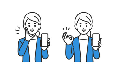 スマホを持ちながら呼びかけ･OKポーズをするビジネスパーソン女性のセット【人物ベクターイラスト素材】