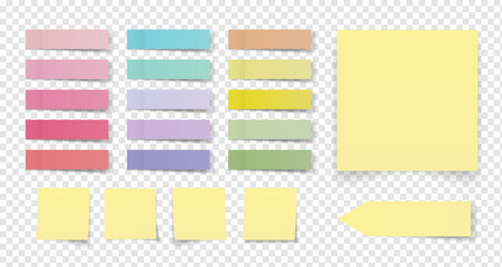 Collection of colorful note papers or post stickers or post notes with curled corner ready for your message on transparent background. vector design.