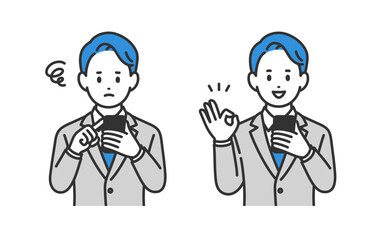 スマホを見て悩む･OKポーズをするビジネスパーソン男性のセット【人物ベクターイラスト素材】