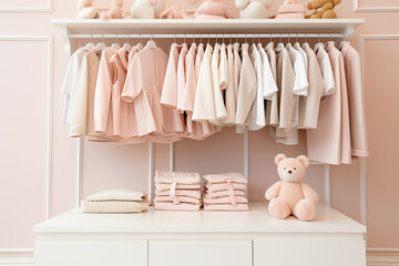 A well-organized closet is filled with a stylish collection of children's clothing, from bright pink outfits to cute accessories.