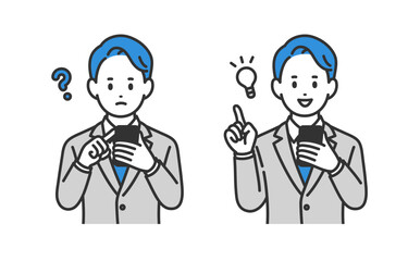 スマホを見て疑問を持つ･ひらめきのポーズをするビジネスパーソン男性のセット【人物ベクターイラスト素材】