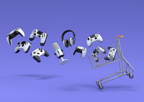 Gamer gears like mouse, keyboard, joystick, headset, VR, web camera in trolley