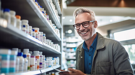 Fototapeta premium A Man Choosing to Buy Medicine Browsing through the Shelf.generative ai