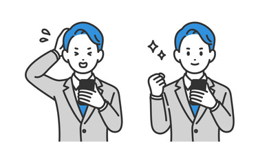 スマホを見て焦る･ガッツポーズをするビジネスパーソン男性のセット【人物ベクターイラスト素材】