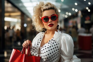 Obese woman fashion outfit in shopping mall, Black Friday concept, Generate with Ai.