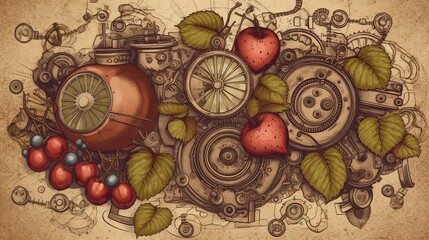 Fototapeta na wymiar steampunk fruits, retro-futuristic produce, brass and gears fruit, Victorian-inspired fruits, industrial design produce, clockwork fruit, mechanical assortment, vintage gadget generative ai