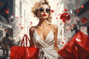 Digital Art woman in shopping mall, Black Friday concept, Generate with Ai.