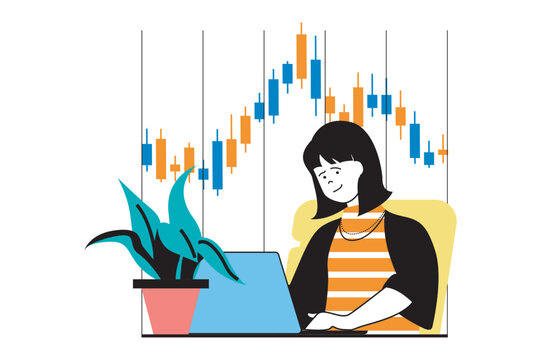 Stock trading concept with people scene in flat web design. Woman analyzing and monitoring financial data chart and making money. Vector illustration for social media banner, marketing material.
