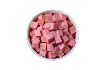 Delicious fresh Olivier salad with sausage, egg, cucumber, green peas, carrots and mayonnaise