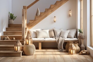 cozy scandinavian entrance hall with staircase and light natural materials - obrazy, fototapety, plakaty