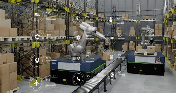 Animation of icons and data processing over warehouse