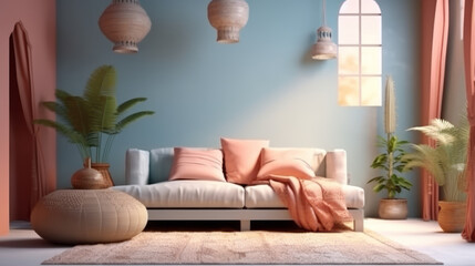 Bohemian Interior Design Style living room in pastel colors mock-up with frame for picture.generative ai - Powered by Adobe