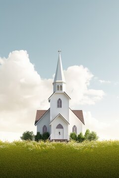 Exterior of little white country church building on a sunny day with white clouds