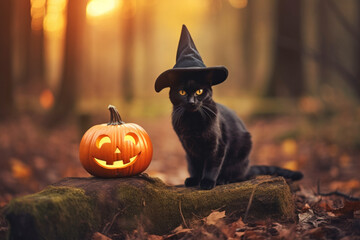 Black cat with Halloween witch costume hat sitting on fallen tree with carved pumpkin in forest