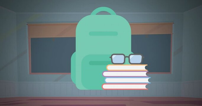 Animation of school bags moving over blackboards