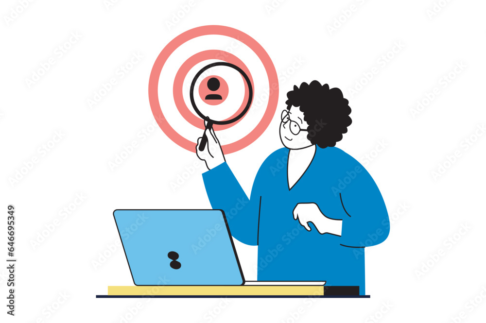 Poster target audience concept with people scene in flat web design. woman with magnifier studying customer