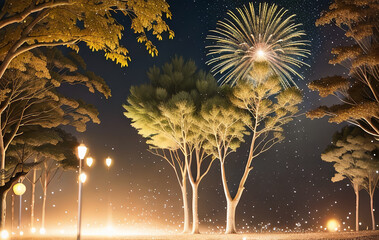 A Majestic Night Under the Sparkling Fireworks Canopy, Surrounded by Nature's Silhouettes ( ImageTitle, NightSky, Fireworks, Trees, StreetLamps, Celebration, Photography )