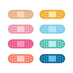 First aid band plaster strip, medical patch icon set. Colorful band aid icon set