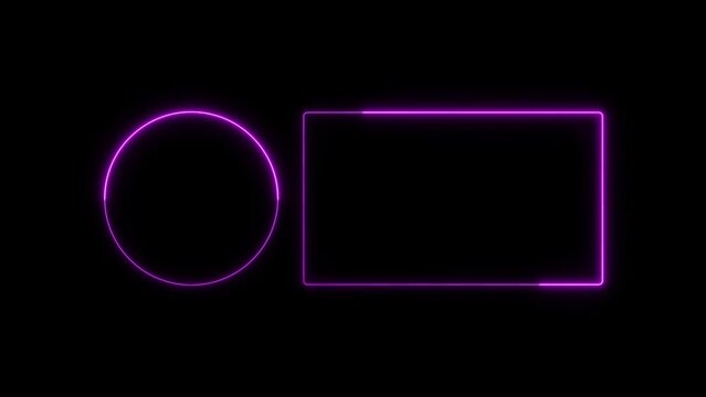 Neon frame magenta color rectangle and circle animation. Black background UHD 4k video moving.