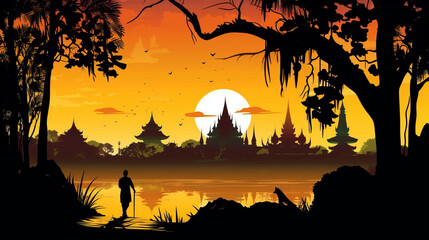 Scene silhouette of famous place in Thailand vector generative ai