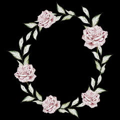 Watercolor wreath with roses and leaves. Illustration