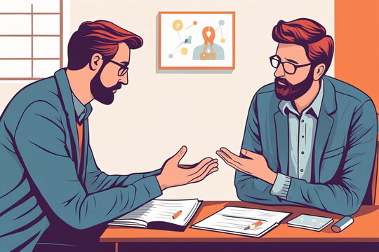 Illustration einer Diskussion zwischen Männern oder Beratung im Rahmen einer Therapiesitzung.