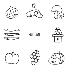 秋の食べ物おしゃれな手書きモノクロイラストセット
