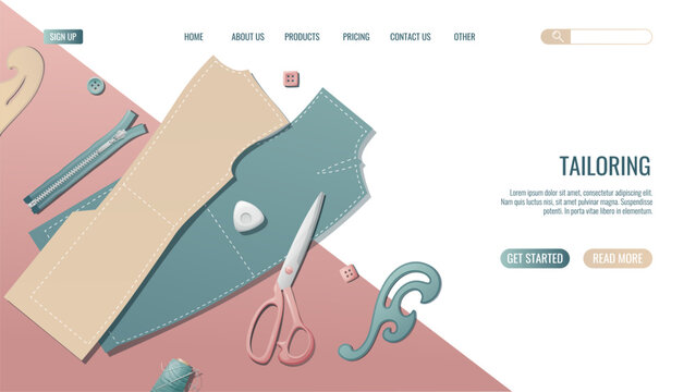 Sewing workshop landing page or web banner templateHand-drawn illustrations of sewing tools, pattern, scissors, template. Pre-made landing for dressmaking, tailoring school