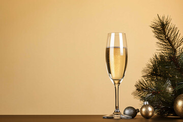 A Sparkling Glass of Champagne Amidst Festive Christmas Decorations on a Chic Beige Background, Perfect for Holiday Greetings and Copy Space