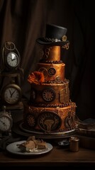 Fototapeta na wymiar steampunk cake, Victorian dessert, mechanical confection, gears and cogs, clockwork pastry, vintage sweets, retro-futuristic baking, fantasy cake, industrial revolution treat, generative ai