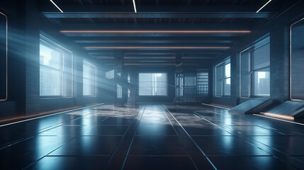 3d render, Futuristic corridor with glowing lights, dark background generative ai