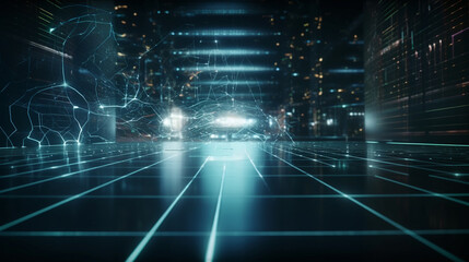 Fototapeta na wymiar 3d render, Futuristic corridor with glowing lights, dark background generative ai