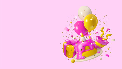 Vector 3d pink birthday web banner. Simple minimal render style composition isolated on pastel pinky background. Cake with candle, balloons and gift box