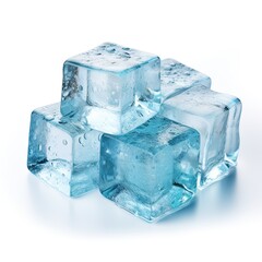 Blue frozen ice cubes on white background.