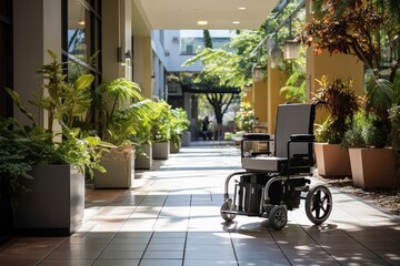 Wheelchair on footpath in natural park mall, Generate with Ai.