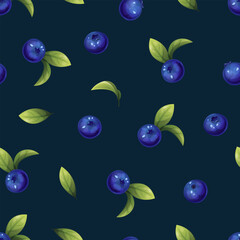 Seamless pattern of blueberries. Texture of blue berries and leaves. Blueberry sprigs for fabric, wallpaper, wrapping paper, etc.