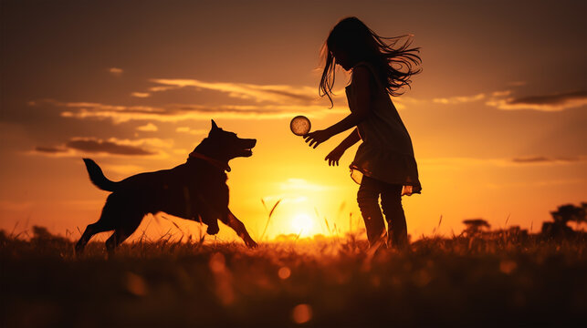 dark silhouette image of a girl playing fetch with dog . 