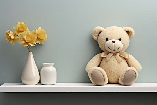 A 3D rendered white shelf adorned with a cute stuffed toy teddy bear
