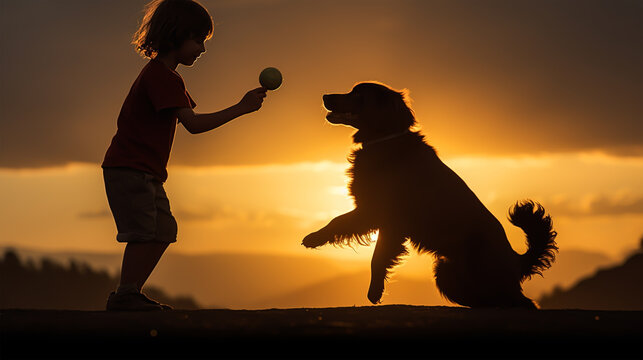 dark silhouette image of a boy playing fetch with dog . 