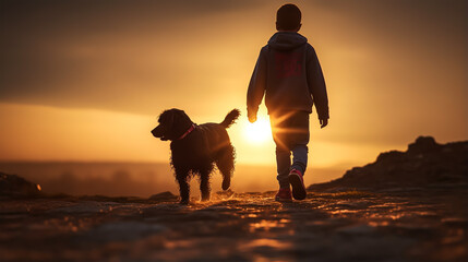dark silhouette image of a boy walking with dog . 
