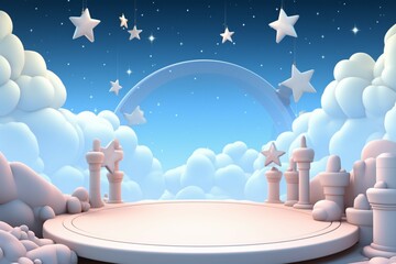 A surreal 3D cartoon podium beneath a dreamy sky filled with clouds and stars